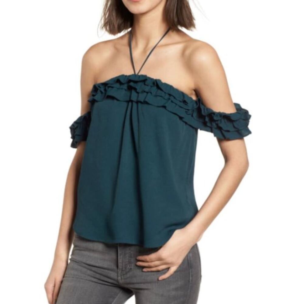 McGuire‎  Norfolk Off the Shoulder Top Womens XS Green Blouse Ruffle Halter